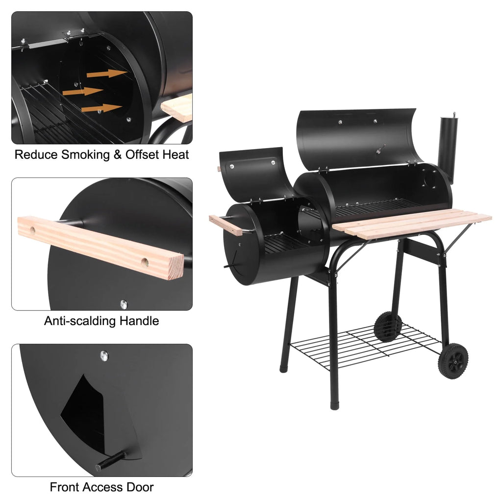 Charcoal Grill Portable BBQ Grill and Offset Smoker Steel BBQ Pit Black A4788