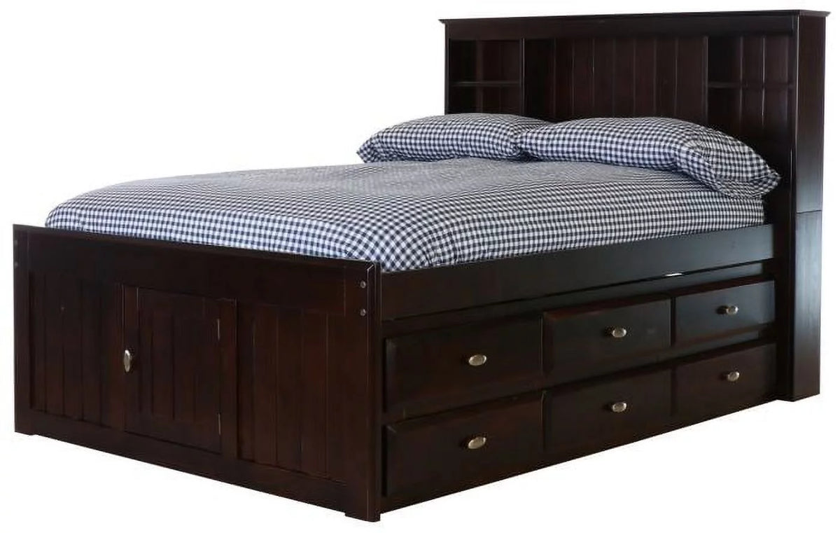 Full Size Bed Frame with Headboard Bookcase & 12 Drawers, Espresso A145739