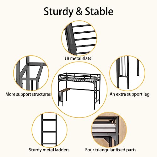 Black Metal Loft Bed Twin Size with Desk and Ladder K1381