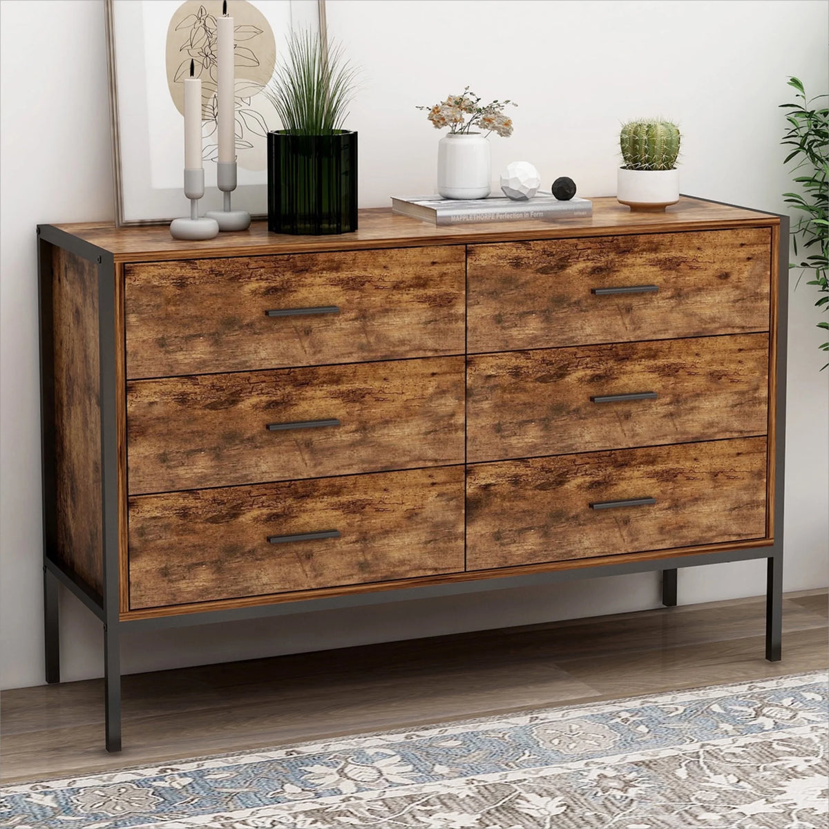 White 6 Drawer Rustic Wood Dresser Y3692