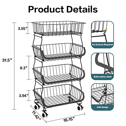 Black Metal Wire 4 Tier Stackable Fruit Vegetable Storage Cart with Wheels N486
