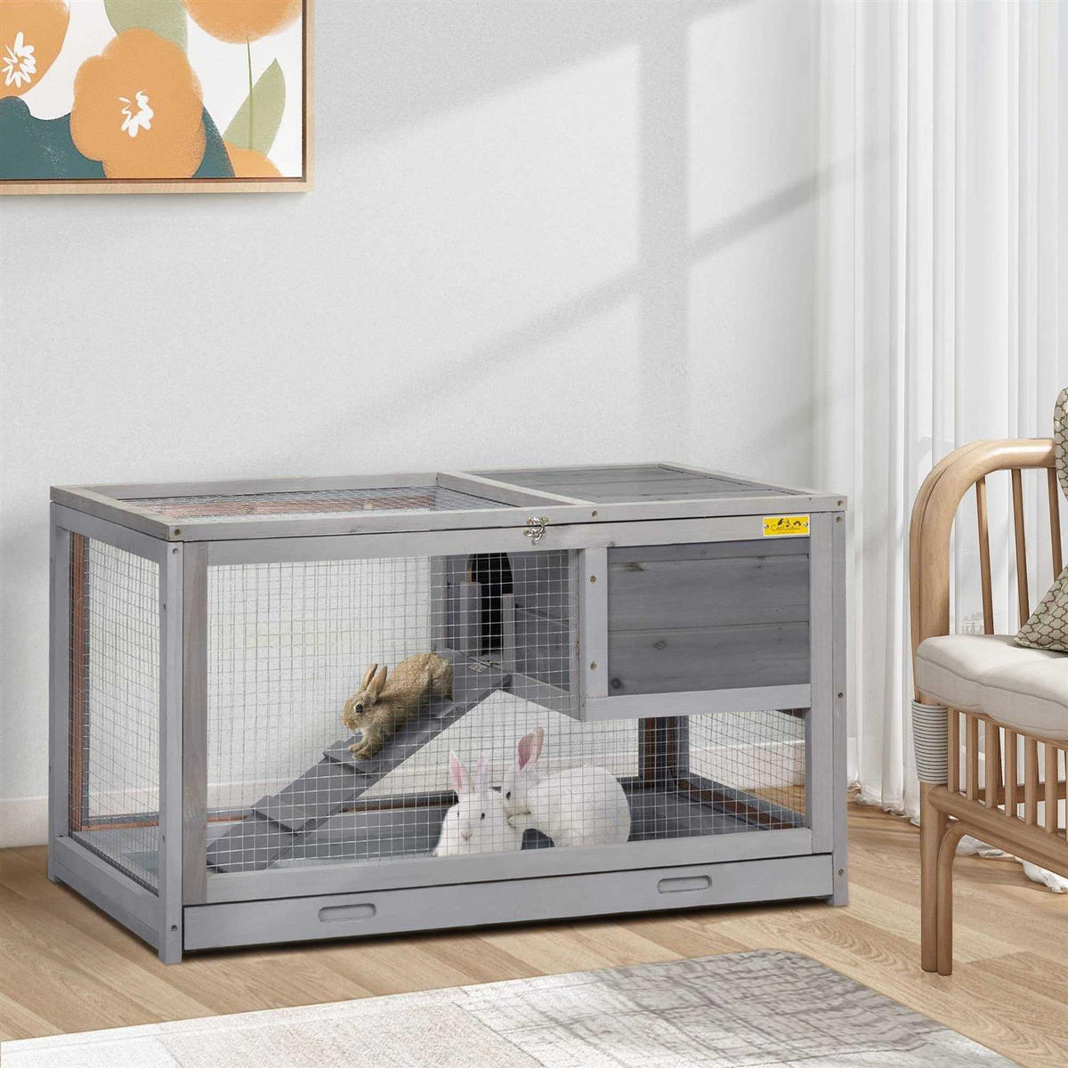 2 Story Wooden Rabbit Hutch with Pull Out Tray P447