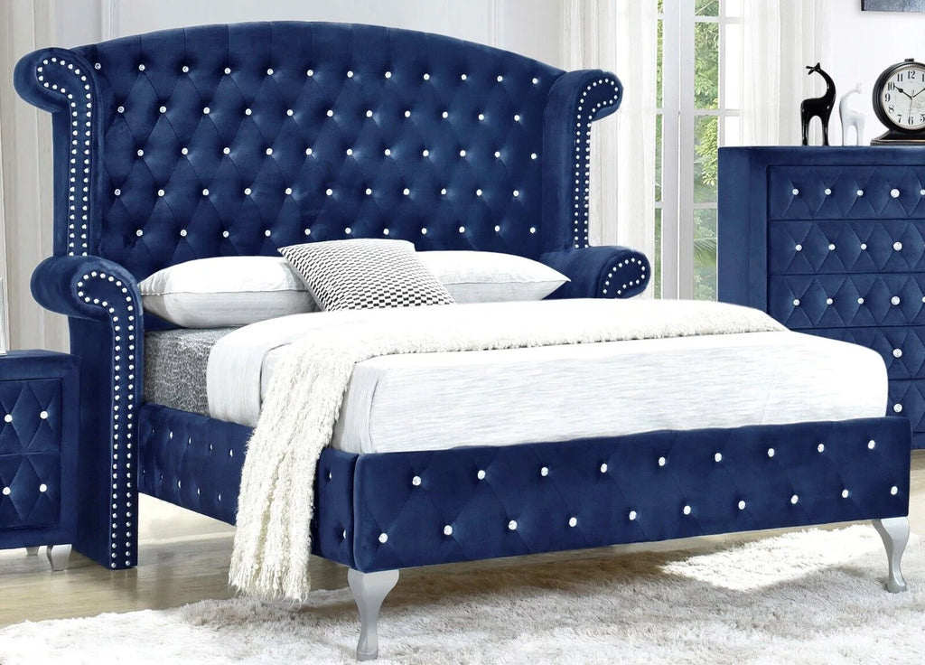 5Pc King Size Bed Dresser Mirror Nightstand Set Blue Velvet K2133