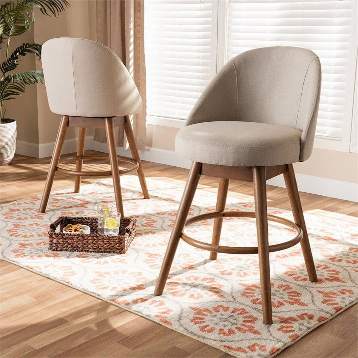 Mid Century Upholstered Swivel Counter Stool in Walnut (Set of 2) U136758