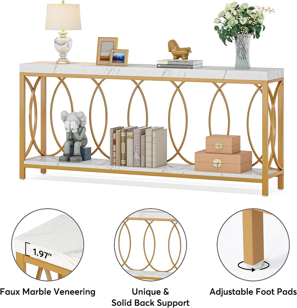 White Gold 2-Tier Faux Marble Console Table R892686