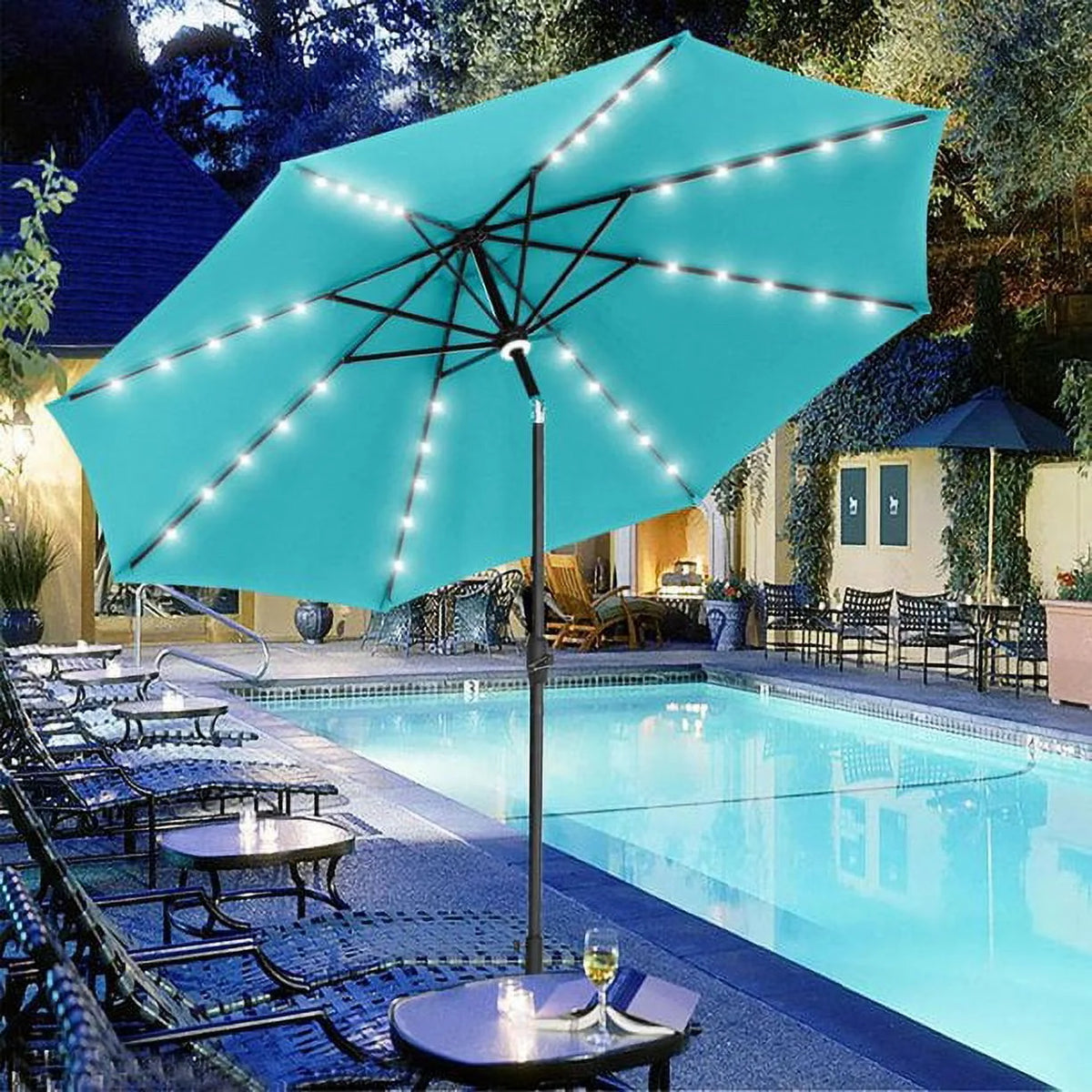 10 ft Solar Patio Umbrella with 40 LED Lights, Steel Tilt Crank, Blue C220393