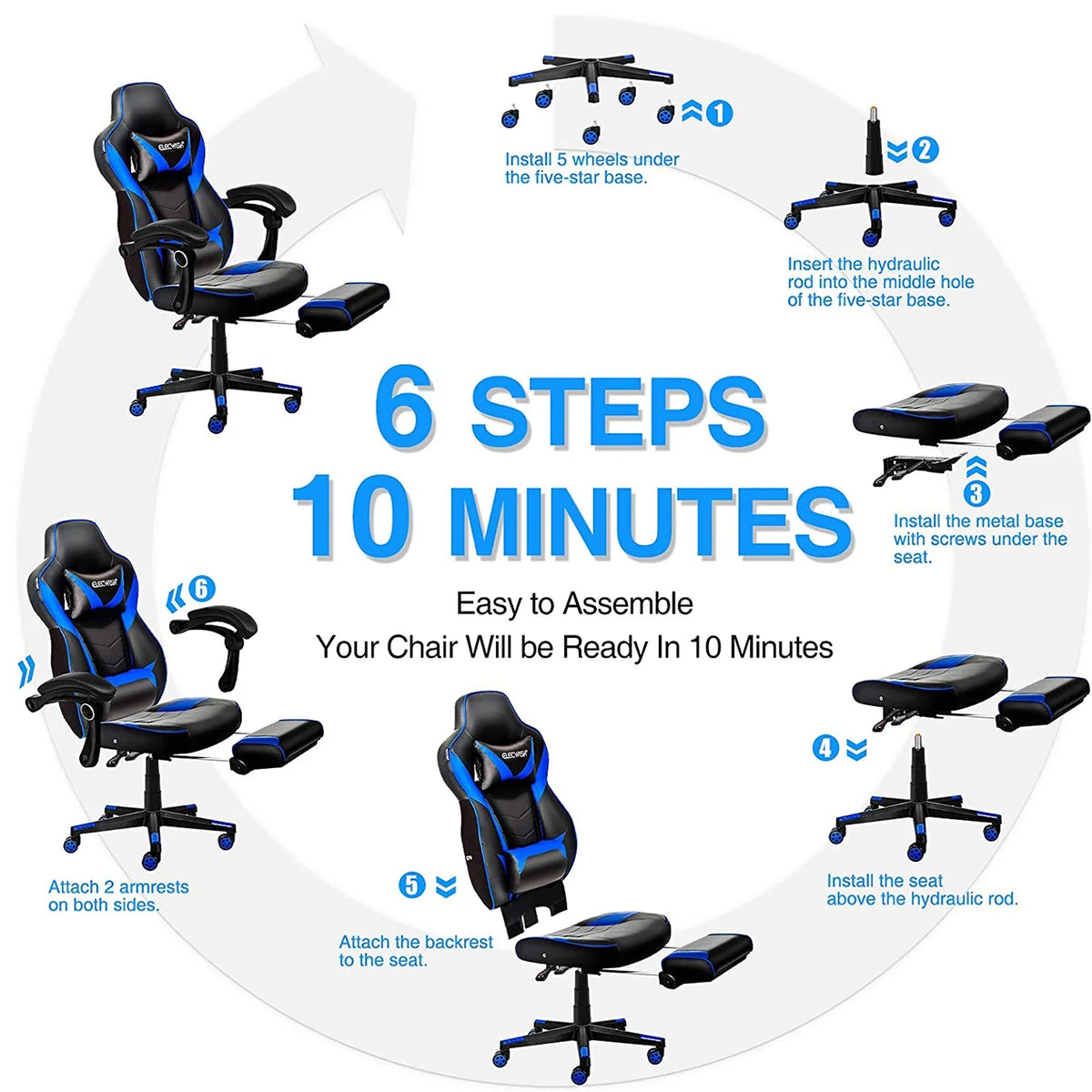Blue PU Leather Reclining Gaming Chair with Footrest and Massage Lumbar Pillow M7495