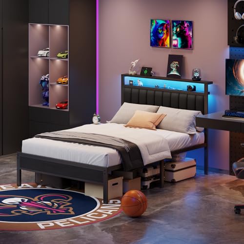 Full Size Bed Frame with Charging Station and LED Lights Z654