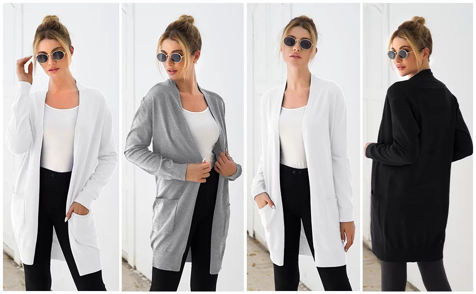 Solid Open Front Long Knit Cardigan Sweater D744562