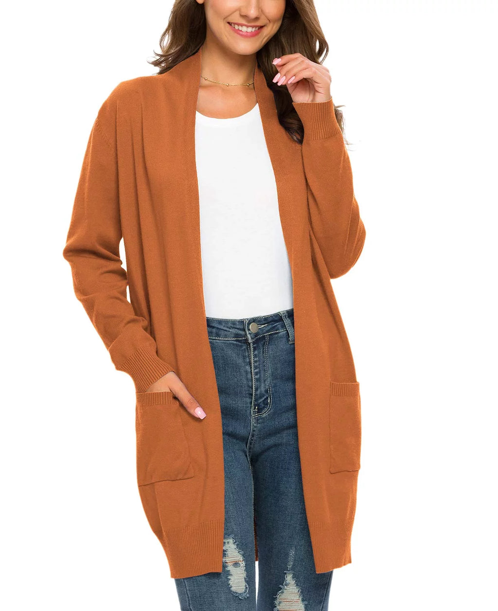 Solid Open Front Long Knit Cardigan Sweater D744562