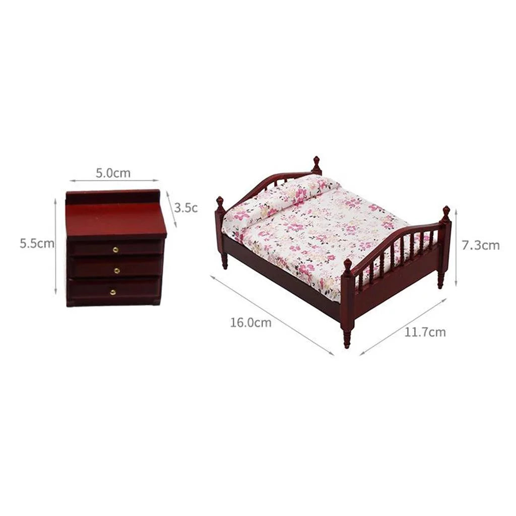 1/12 Scale Miniature Dollhouse Furniture Bed Night Table Brown Set O877036