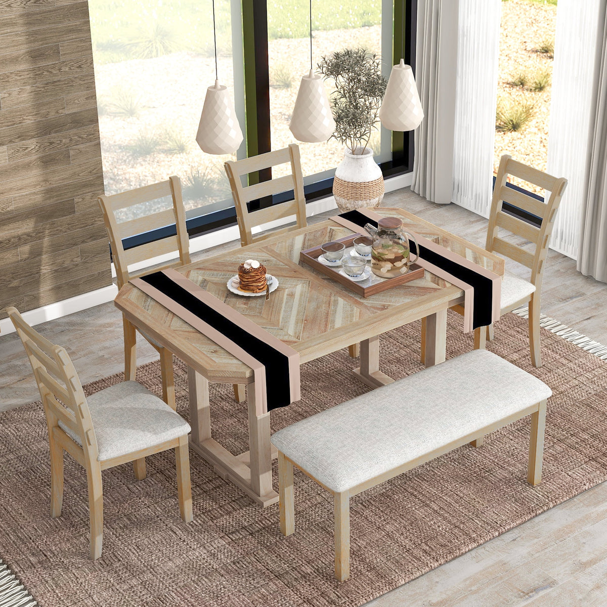 6-Piece Rubber Wood Dining Table Set with 4 Cushion Chairs and Bench H4526