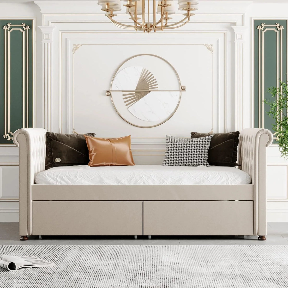 Beige Upholstered Daybed with Storage and 2 Drawers E481351