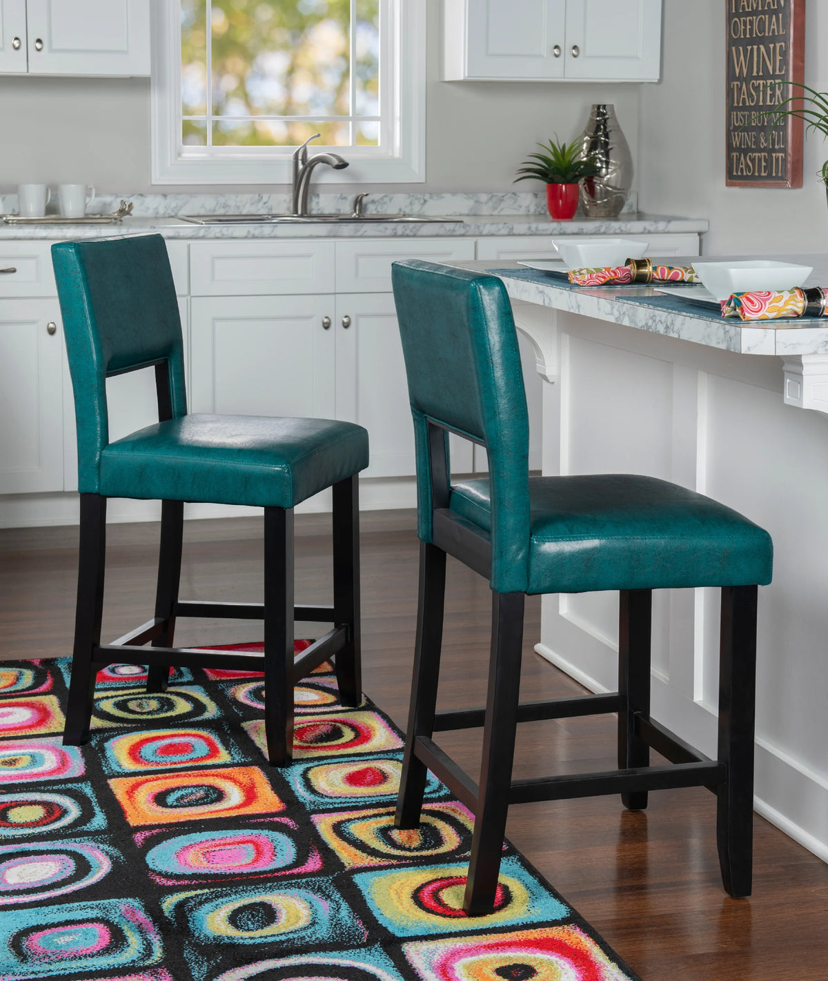24" Wood Counter Stool, Aegean Blue Faux Leather G893
