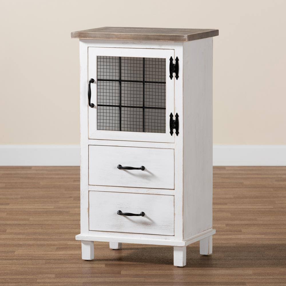 Two-Tone Distressed White and Oak Brown Wood 2-Drawer Storage Cabinet C225