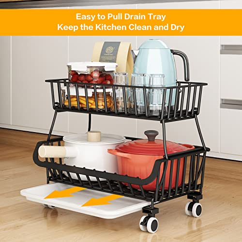 Black Metal Wire 4 Tier Stackable Fruit Vegetable Storage Cart with Wheels N486