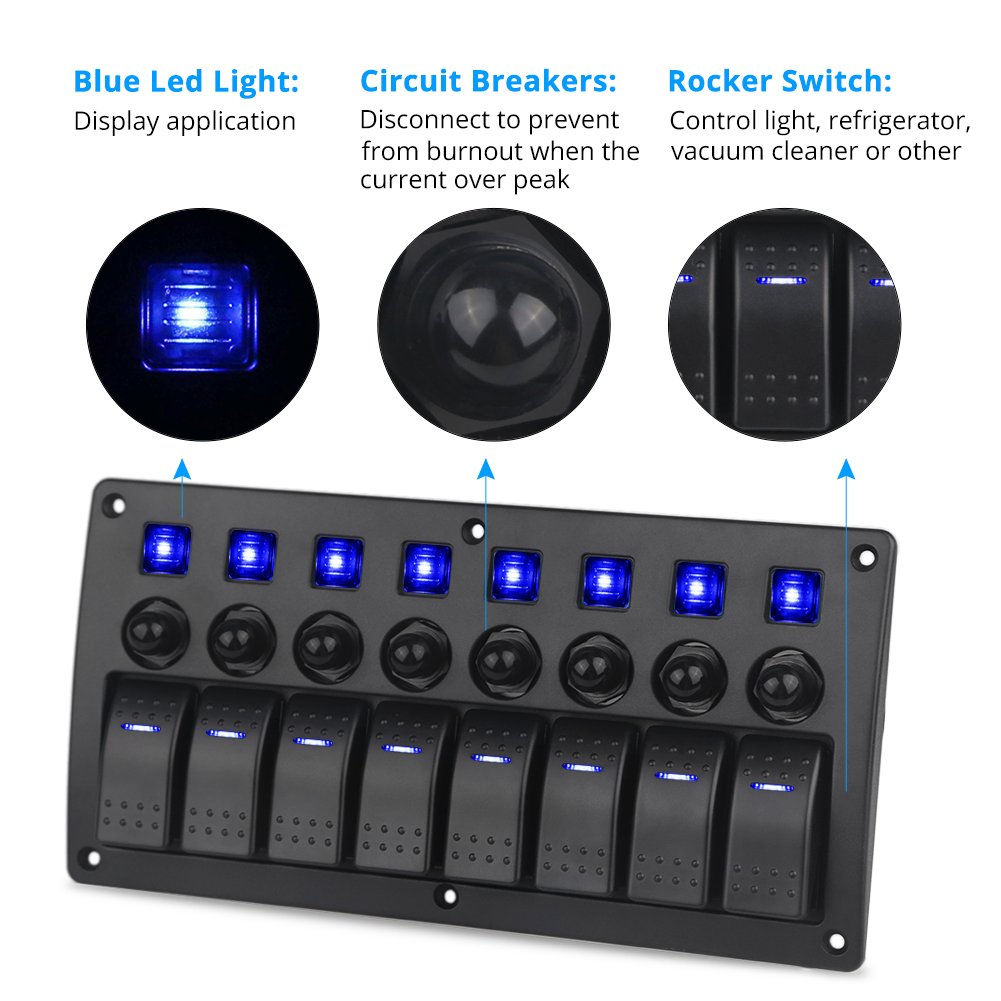 Blue 8 Gang Waterproof Toggle Rocker Switch Panel 12V/24V LED Circuit Breaker Pack of 2 S22436