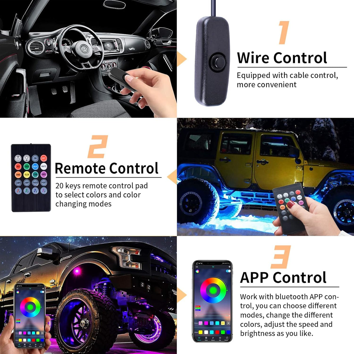 RGB LED Rock Lights Multicolor Underglow Light Kit 6 Pods Pack of 2 U303538