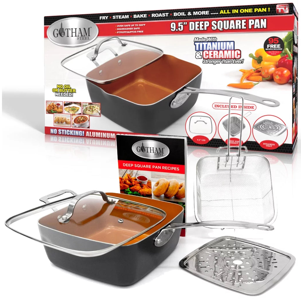 6 Quart Nonstick Copper Casserole Chef’s Pan & Stock Pot 4 Piece Set with Frying Basket and Steamer Tray Q458211