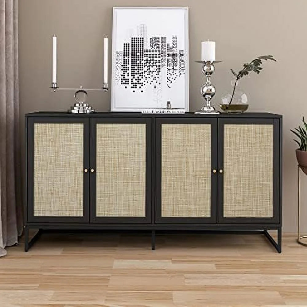 Black Rattan Sideboard Cabinet with Adjustable Shelves T96538