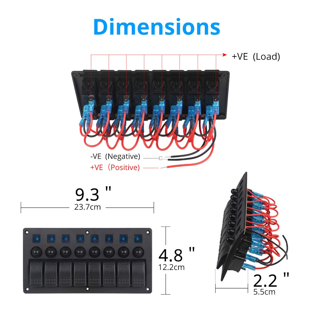 Blue 8 Gang Waterproof Toggle Rocker Switch Panel 12V/24V LED Circuit Breaker Pack of 2 S22436