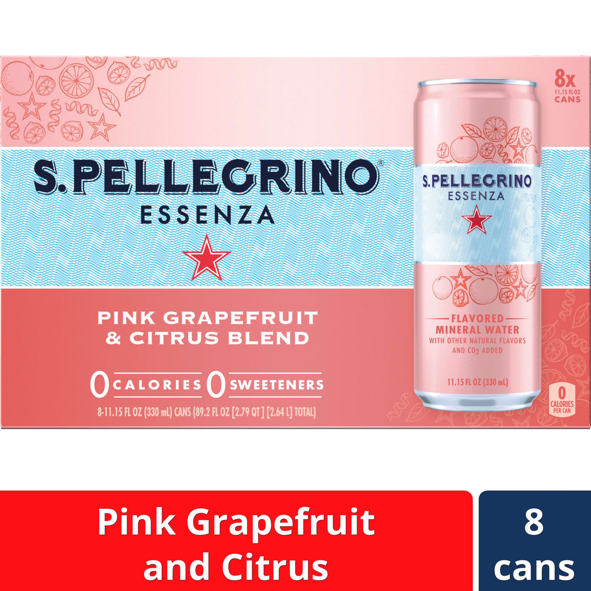 Pink Grapefruit & Citrus Flavored Mineral Water with CO2 Added, 8 Pack of 11.15 Fl Oz Cans B736
