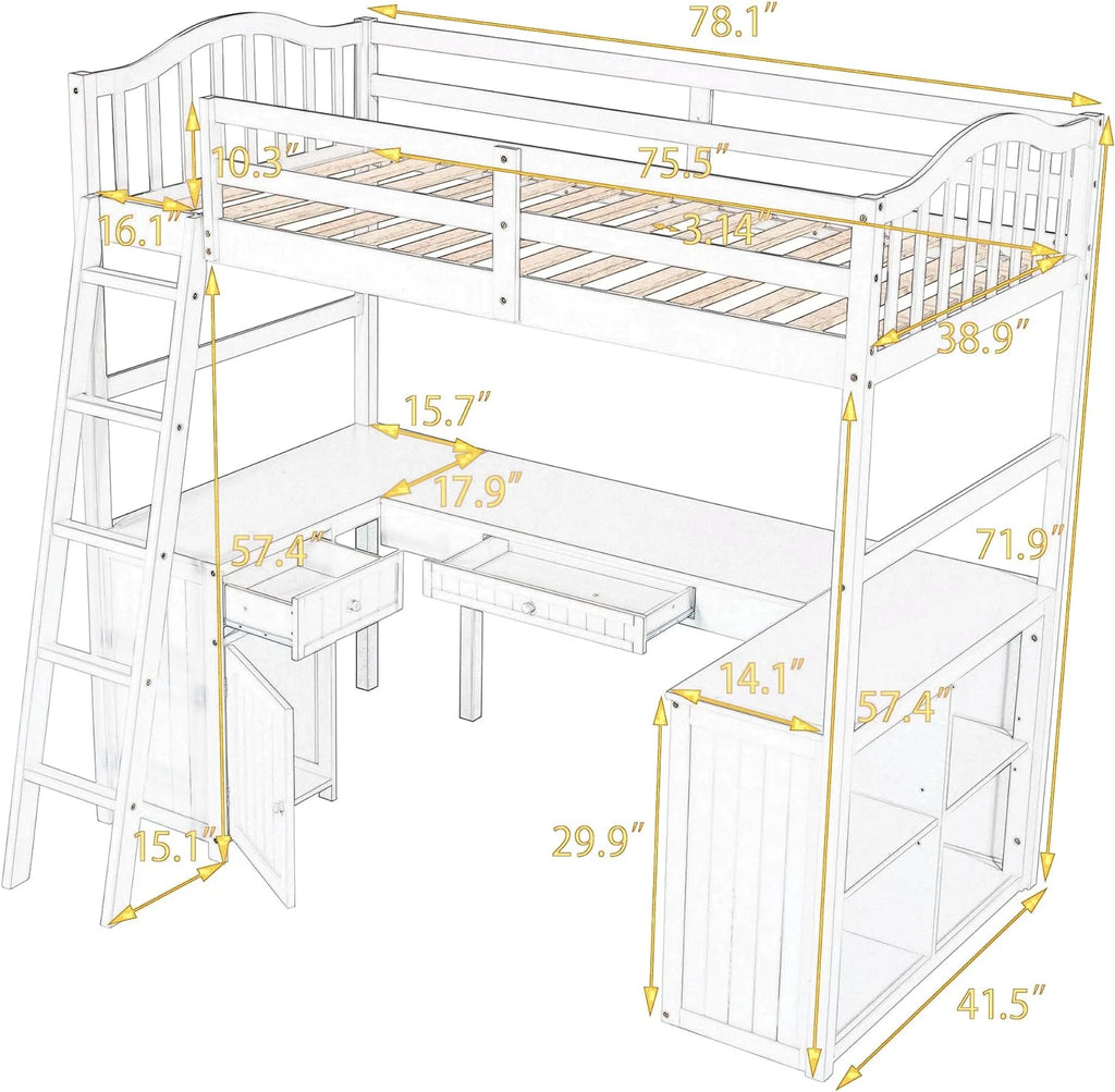 Gray Wood Loft Bed Frame with Desk and Shelves H559234