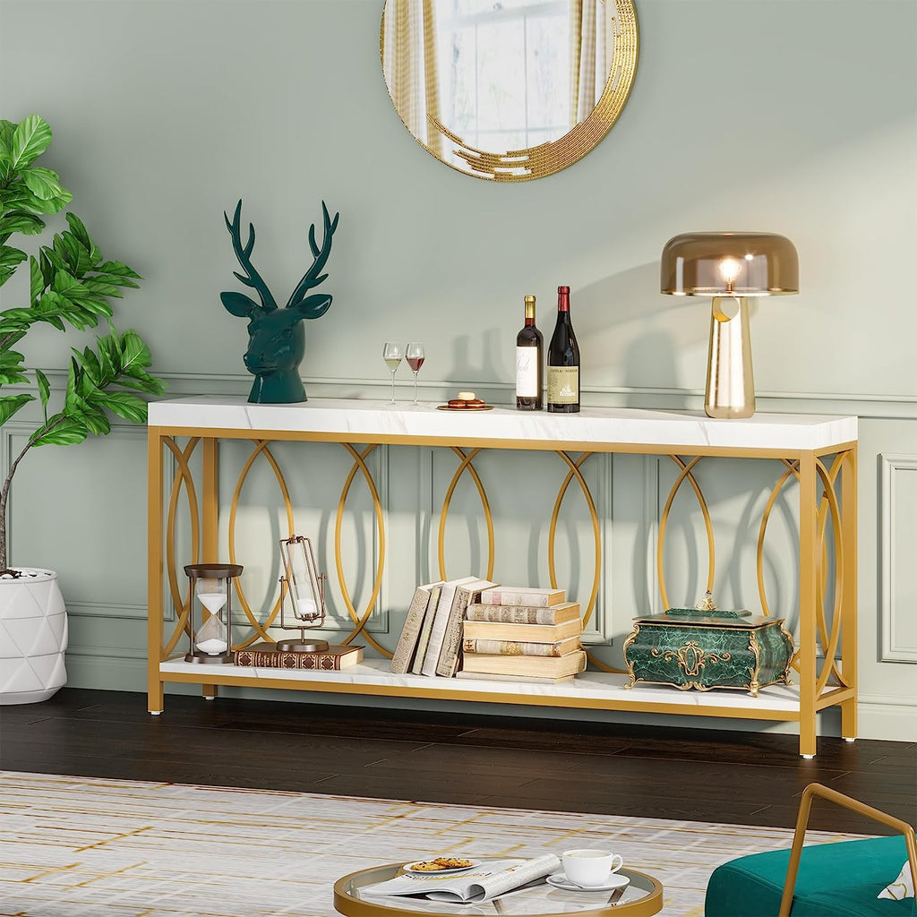 White Gold 2-Tier Faux Marble Console Table R892686