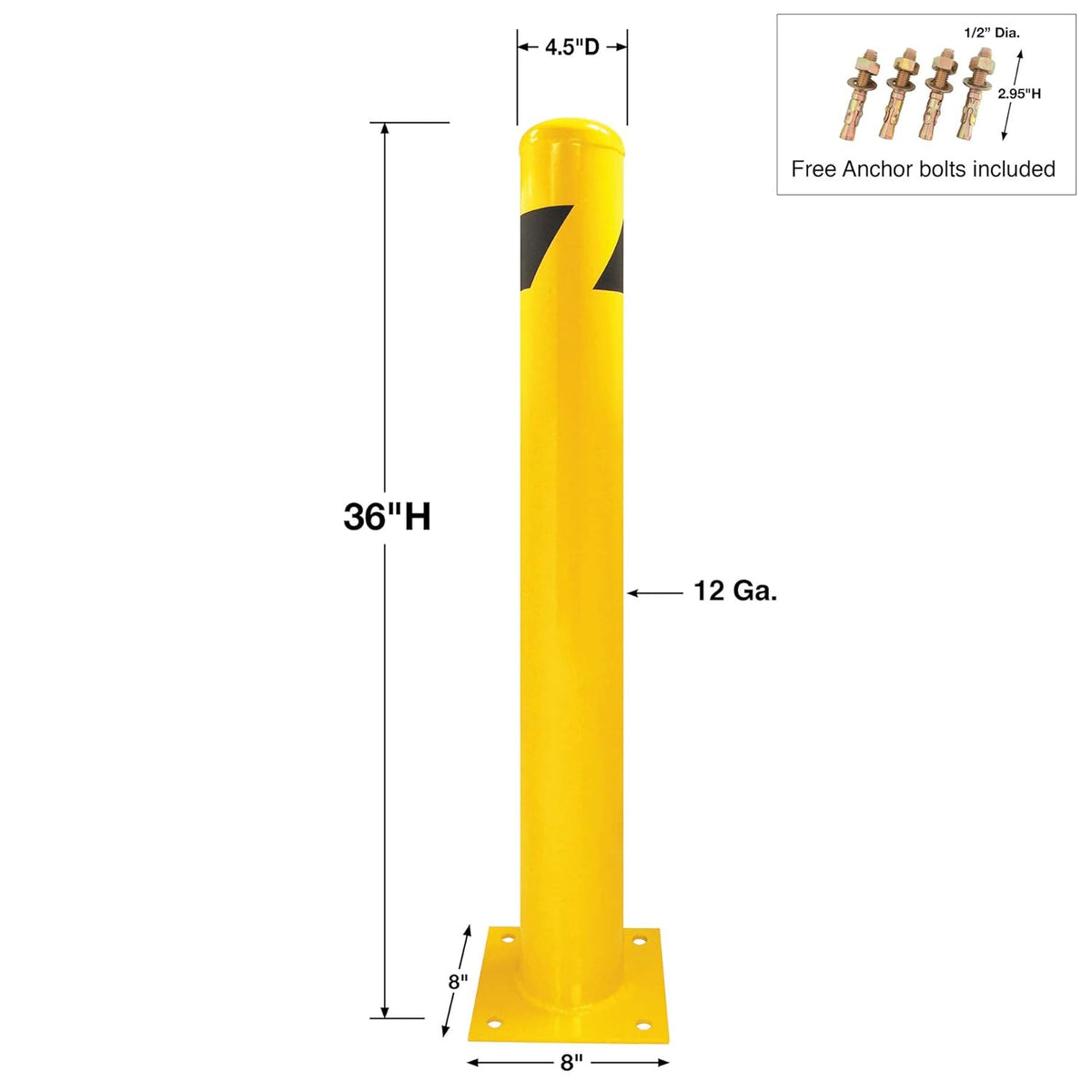 Steel Yellow Safety Barrier Bollard 24''Hx4.5''D, 12Ga, Base-8x8'', Pack of 2 H769