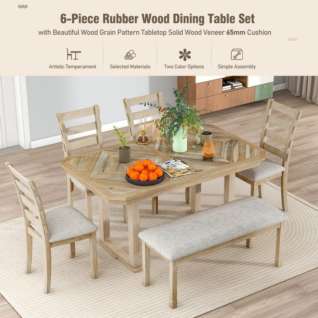 6-Piece Rubber Wood Dining Table Set with 4 Cushion Chairs and Bench H4526