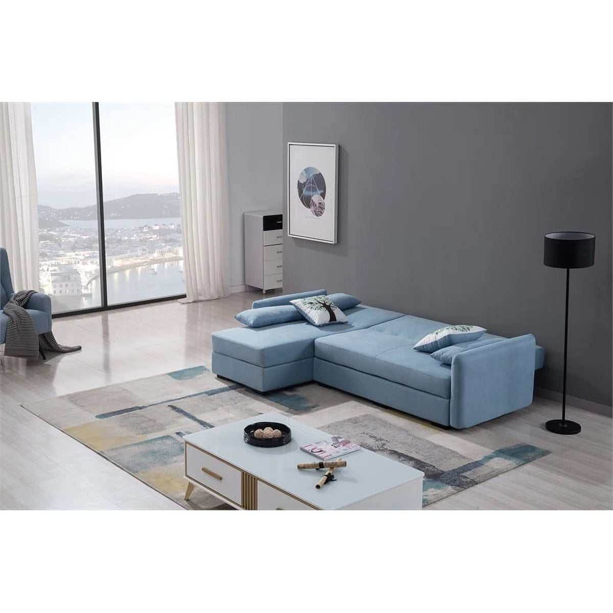 Light Blue Velvet Left Facing Chaise Sectional D1059
