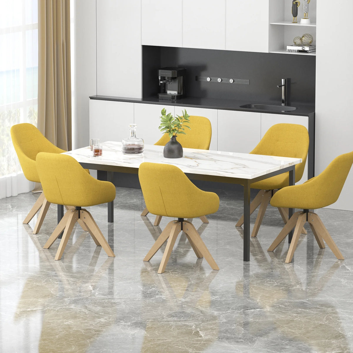 Yellow Upholstered Swivel Accent Chair with Solid Wood Legs I2840