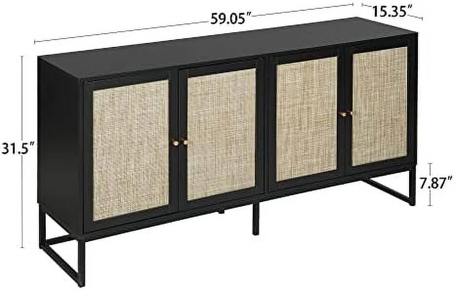 Black Rattan Sideboard Cabinet with Adjustable Shelves T96538