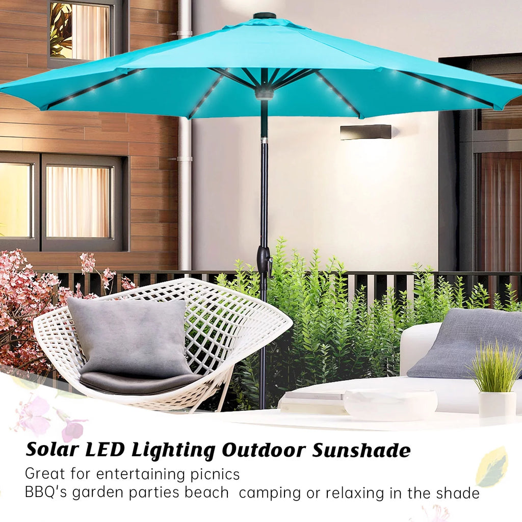 10 ft Solar Patio Umbrella with 40 LED Lights, Steel Tilt Crank, Blue C220393