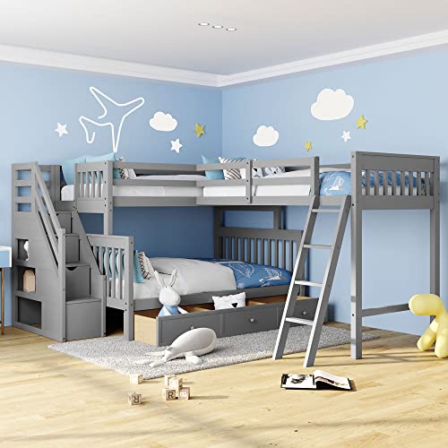 Gray Wooden Triple Bunk Bed with Storage Drawers U8664
