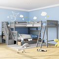 Gray Wooden Triple Bunk Bed with Storage Drawers U8664