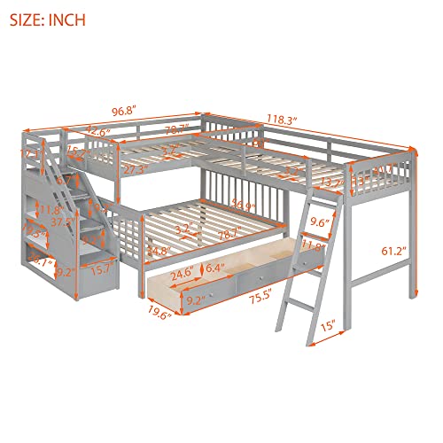 Gray Wooden Triple Bunk Bed with Storage Drawers U8664