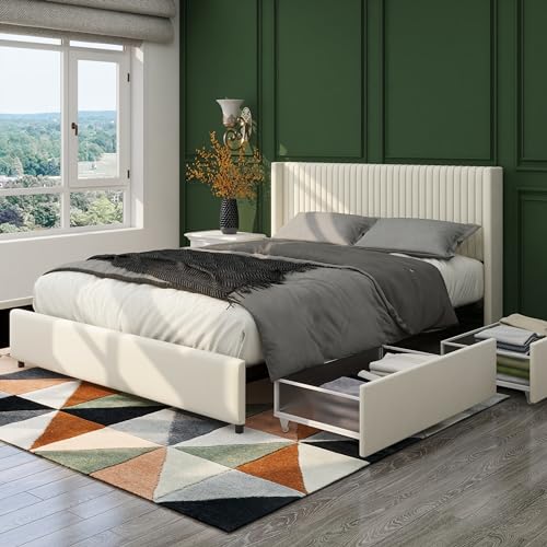 Grey Queen Size Platform Bed Frame with 4 Storage Drawers and Wingback Headboard Y21333