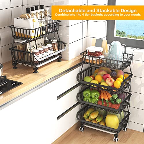Black Metal Wire 4 Tier Stackable Fruit Vegetable Storage Cart with Wheels N486