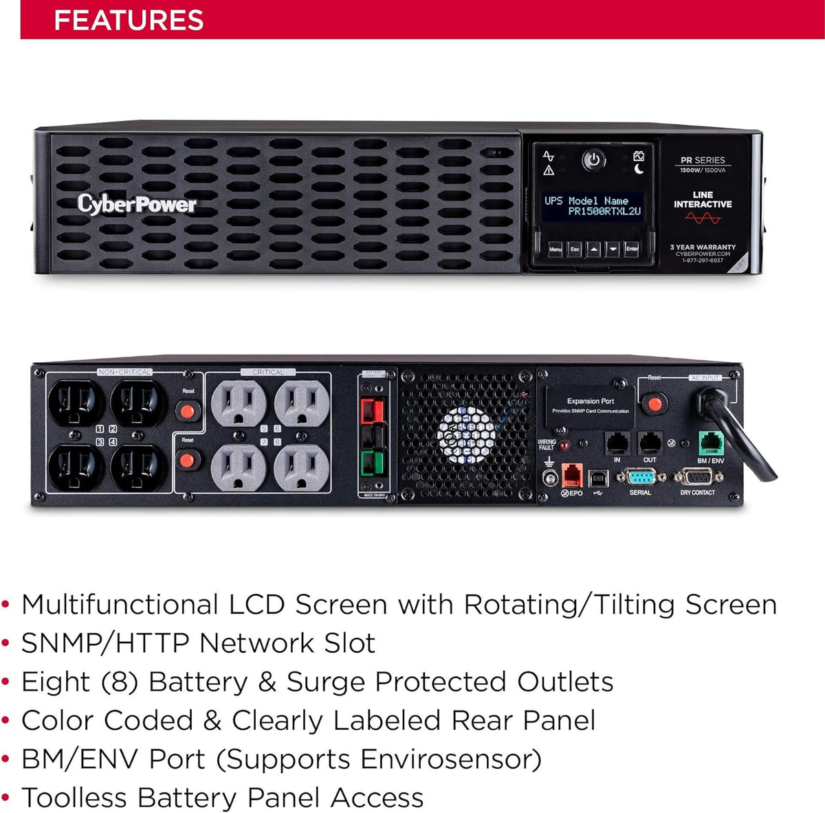 1500VA/1500W 8 Outlets 2U Rack/Tower UPS System G4937