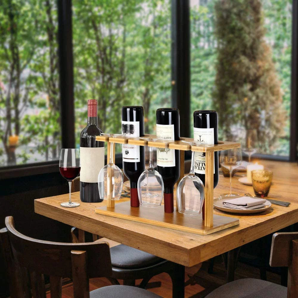 Bamboo Wine Rack Holds 3 Bottles & 3 Glasses R842
