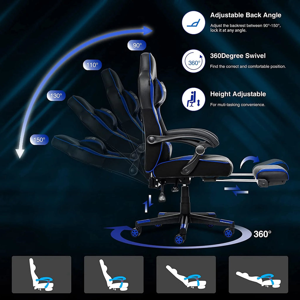 Blue PU Leather Reclining Gaming Chair with Footrest and Massage Lumbar Pillow M7495