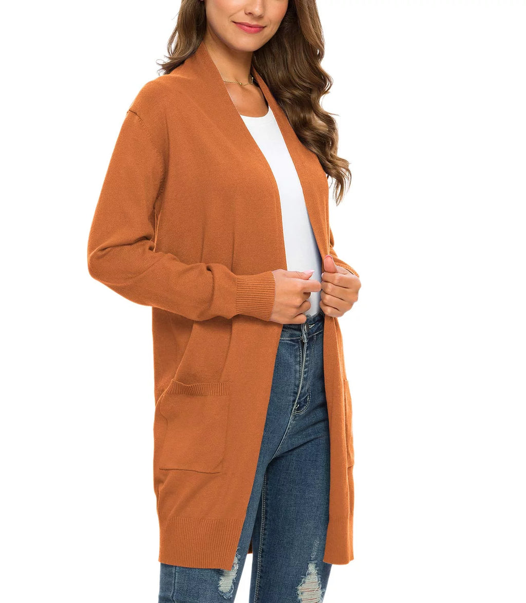 Solid Open Front Long Knit Cardigan Sweater D744562