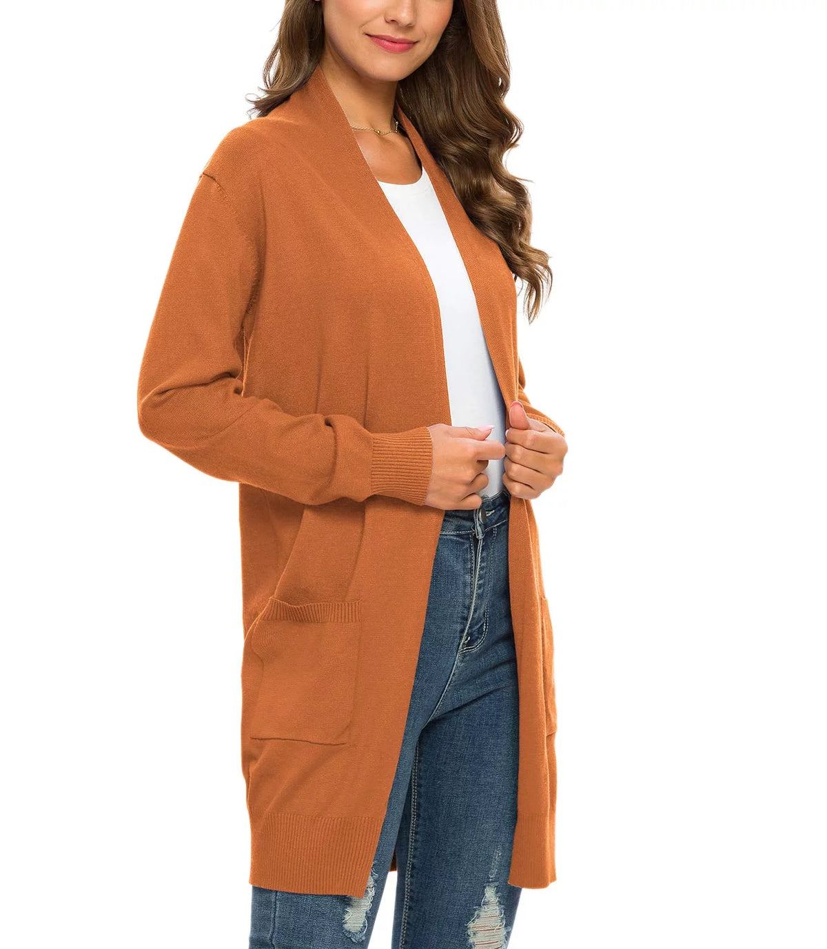 Solid Open Front Long Knit Cardigan Sweater D744562