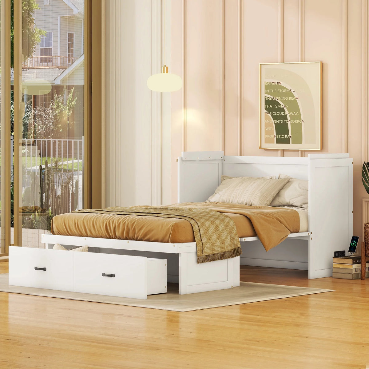 White Full Wood Platform Bed with USB Port and Drawer I257