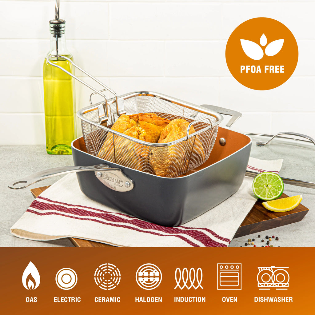 6 Quart Nonstick Copper Casserole Chef’s Pan & Stock Pot 4 Piece Set with Frying Basket and Steamer Tray Q458211
