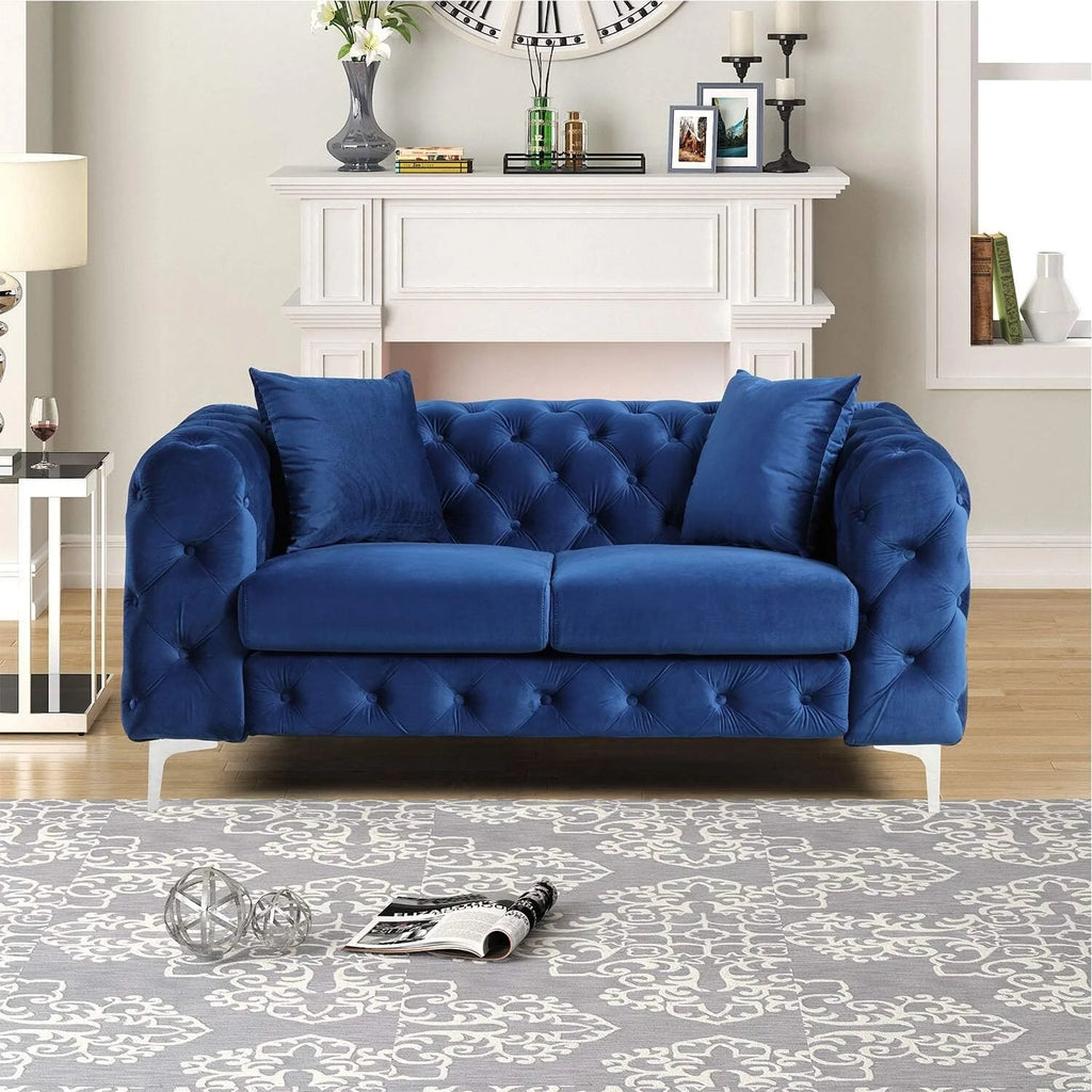 Blue Velvet Loveseat and Sofa Set with Solid Wood Frame and Iron Legs I9257