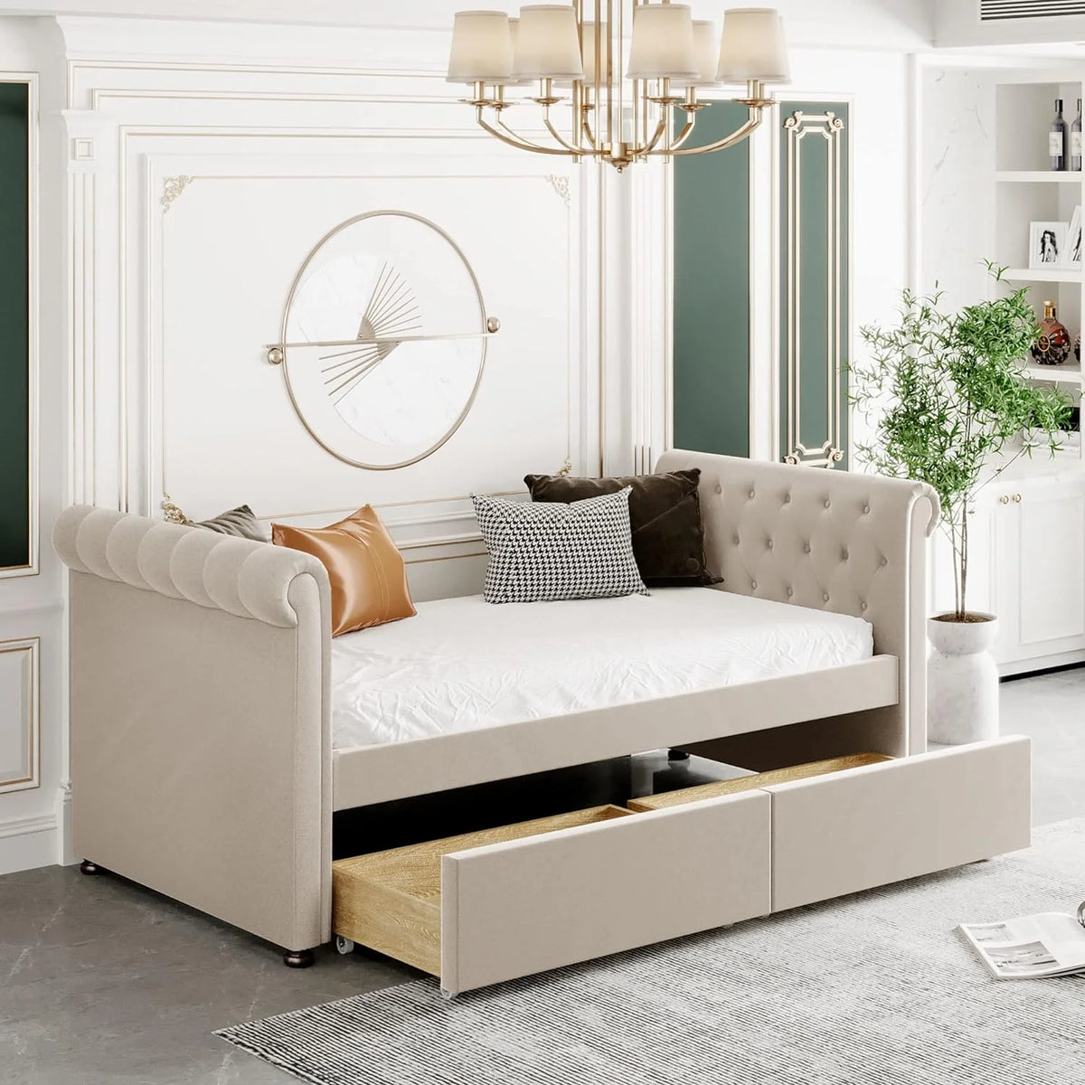 Beige Upholstered Daybed with Storage and 2 Drawers E481351