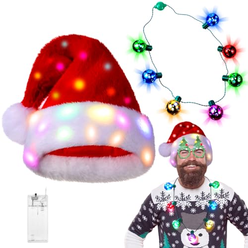 Light Up Christmas Hat Necklace Set LED Plush Santa Hat V52012