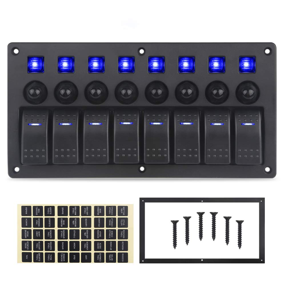 Blue 8 Gang Waterproof Toggle Rocker Switch Panel 12V/24V LED Circuit Breaker Pack of 2 S22436